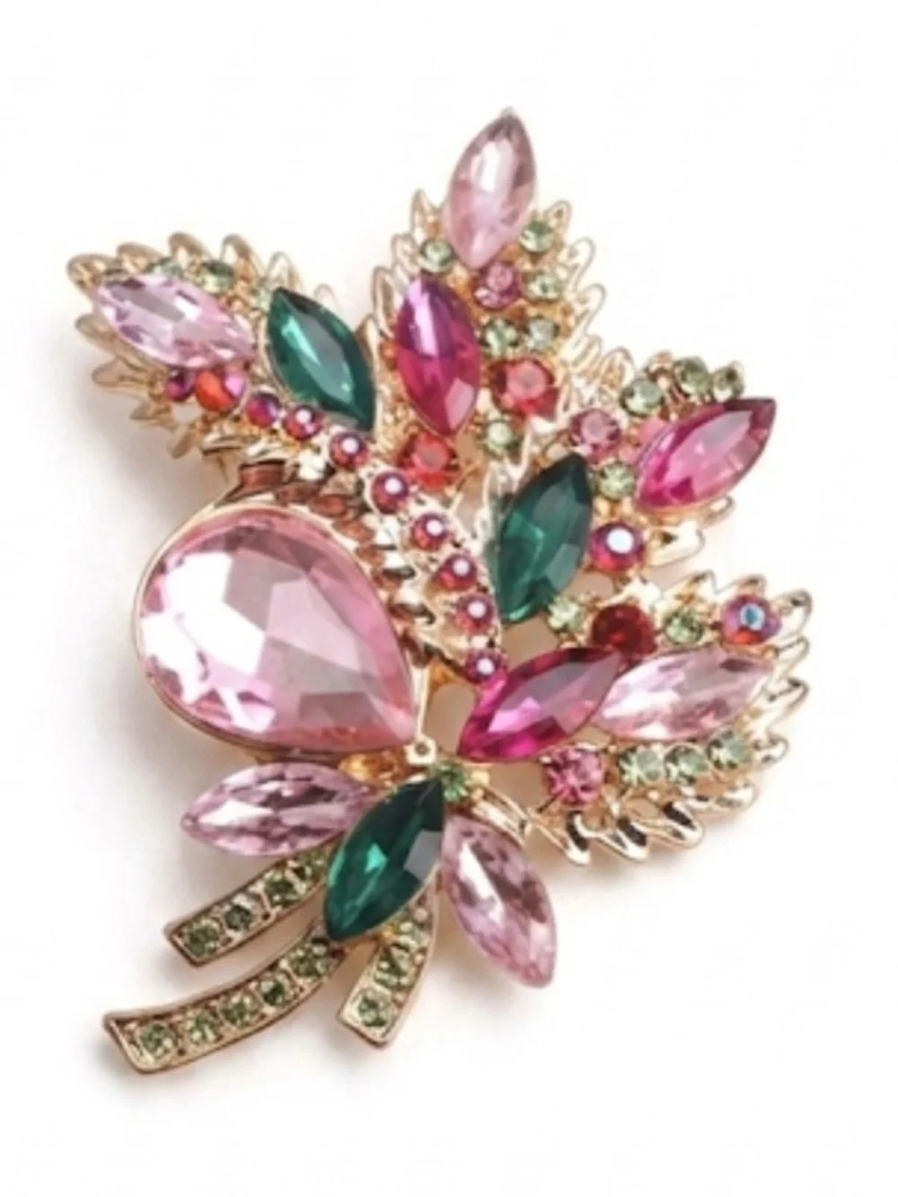 Vintage Style Pink Green Crystal Floral Brooch Statement Flower Jeweled Pin New